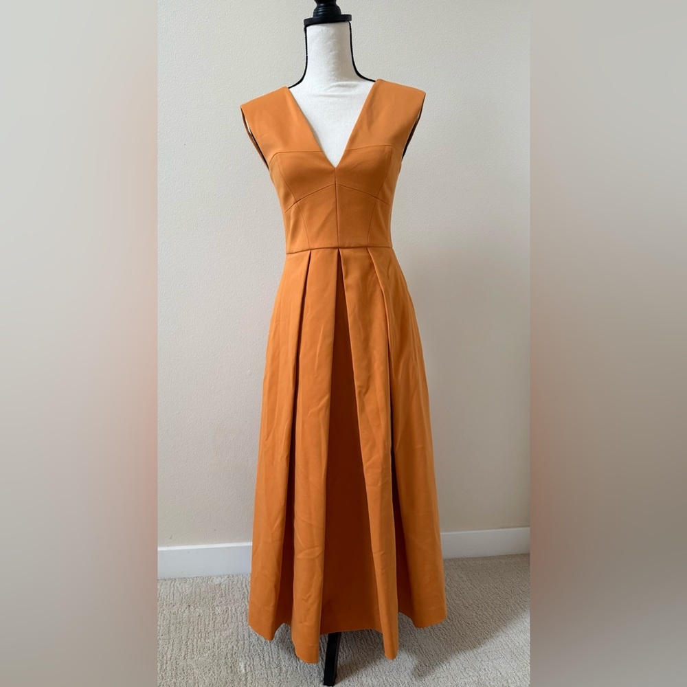 Tibi - Structured V-Neck burnt orange midi dress with cut outs
